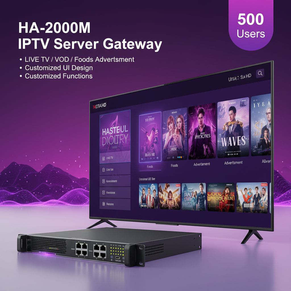 The HA-2000M IPTV Server Gateway (500 users) showing the media interface for our Hotel IPTV solutions.