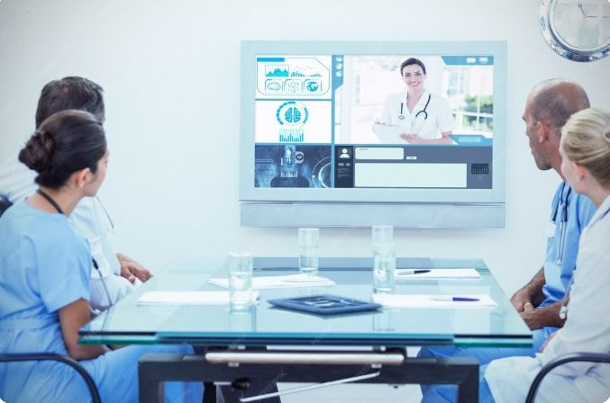 A hospital meeting room using **Healthcare IPTV services** for a telemedicine video conference.
