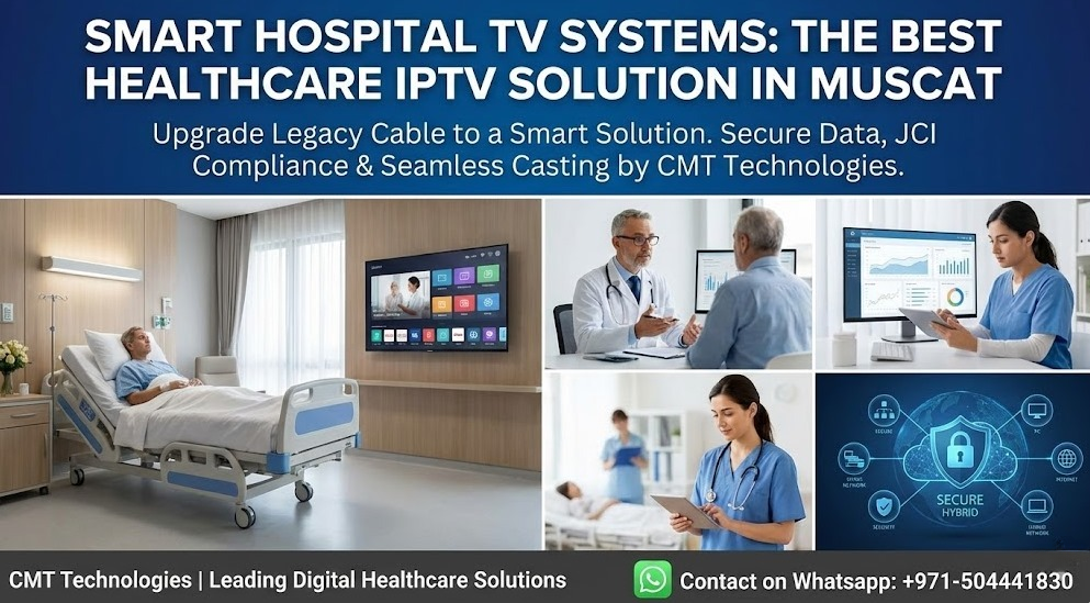 A pristine, modern VIP hospital room in Muscat featuring a patient interacting with a wall-mounted Smart TV displaying the CMT Technologies interface