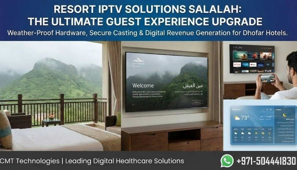 A view inside a luxury resort room in Salalah with a balcony overlooking green mountains and mist. A large Smart TV on the wall displays a personalized "Welcome" message in Arabic and English with the resort logo. Resort IPTV Solutions Salalah