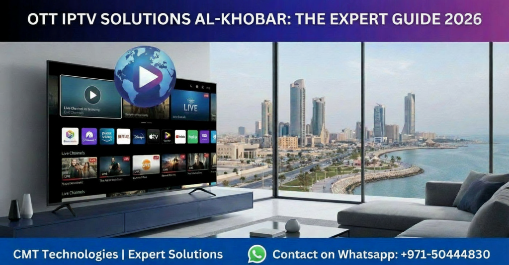 A modern luxury hotel room in Al-Khobar featuring a large smart TV displaying the CMT Technologies IPTV interface, with a panoramic view of the city skyline. The image includes a footer with the CMT Technologies logo and the text "Contact on Whatsapp: +971-504441830".