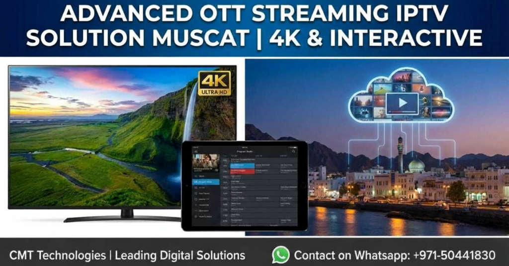 A modern living room in a luxury Muscat apartment with a large wall-mounted 4K TV displaying a sleek, branded IPTV interface with options for "Live TV," "Movies," and "Building Services. OTT Streaming IPTV Solution Muscat