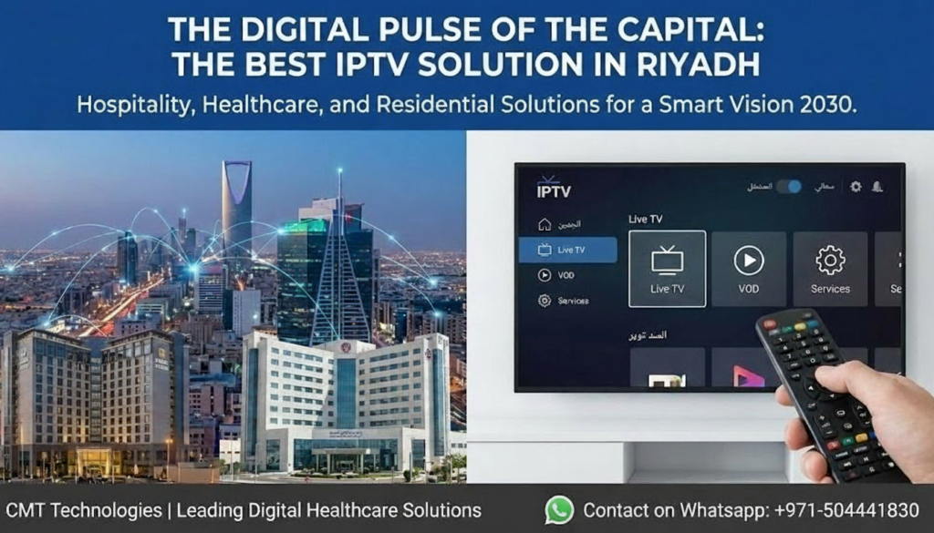 A modern luxury hotel room interior in Riyadh with a large window overlooking the Kingdom Centre tower at night. A large Smart TV displays a "Welcome" interface in Arabic and English IPTV Solution in Riyadh